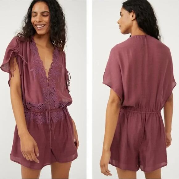 Free People Women’s Sz Medium Weila Romper New NWT Linen Embroidered Shorts - Picture 1 of 8